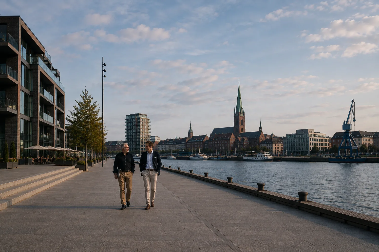 To forretningsmænd i samtale på havnepromenaden i Aarhus med byens silhuet i baggrunden